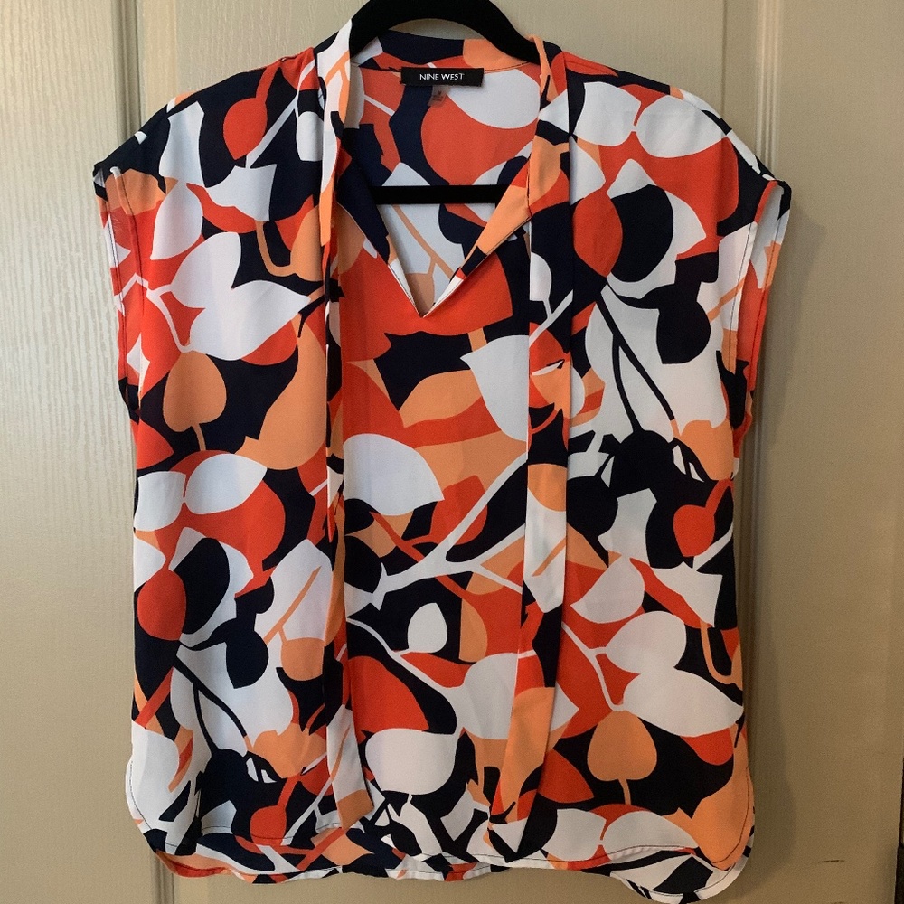 Nine West Bold Orange/Blue/White Floral Print Blouse